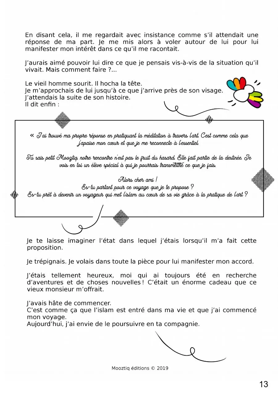 Page 13 du livret, Un petit moustique devenu Mooztiq, Le carnet de voyage de Mooztiq