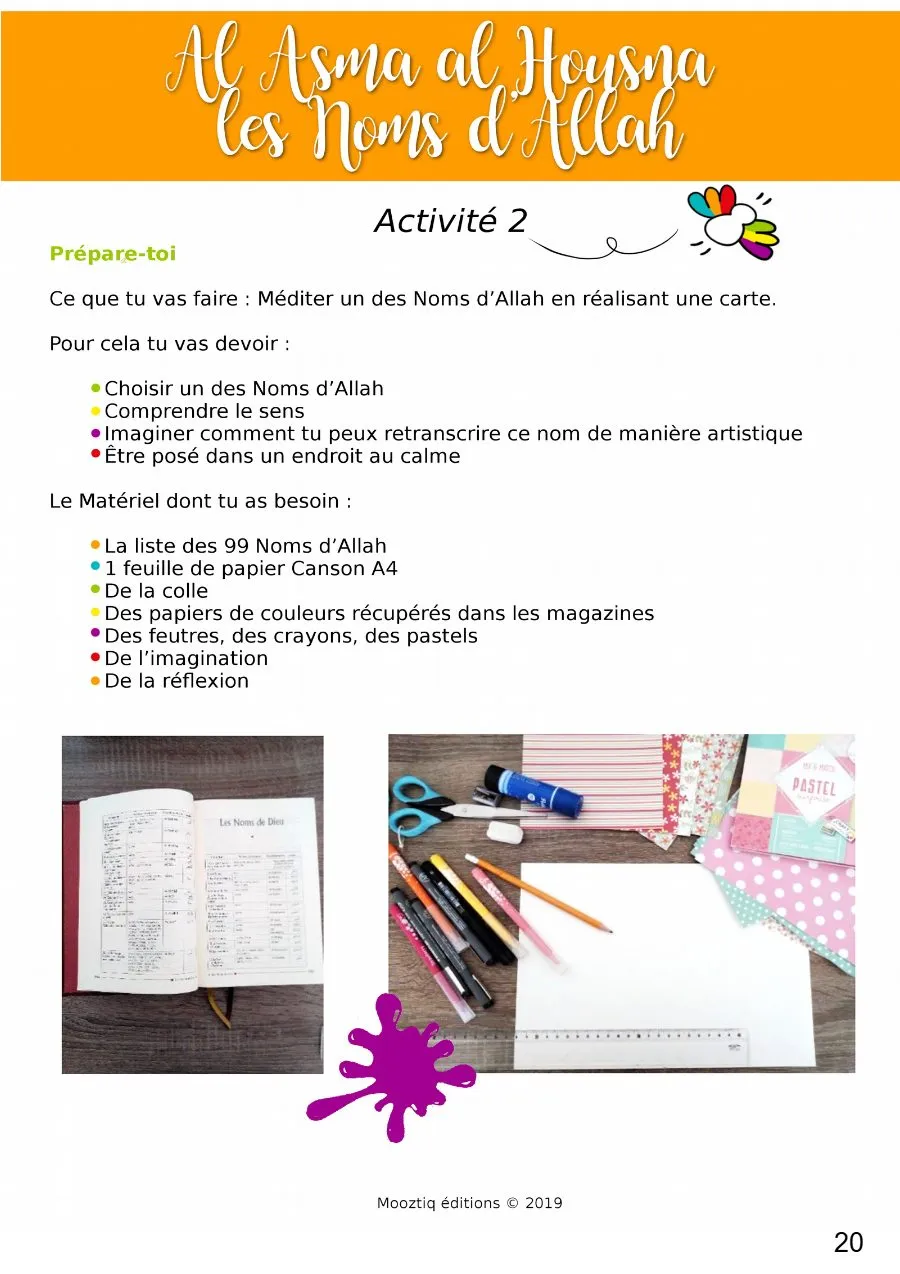 Page 20 du livret, Al Asma al Housna, les Noms d'Allah, Le carnet de voyage de Mooztiq