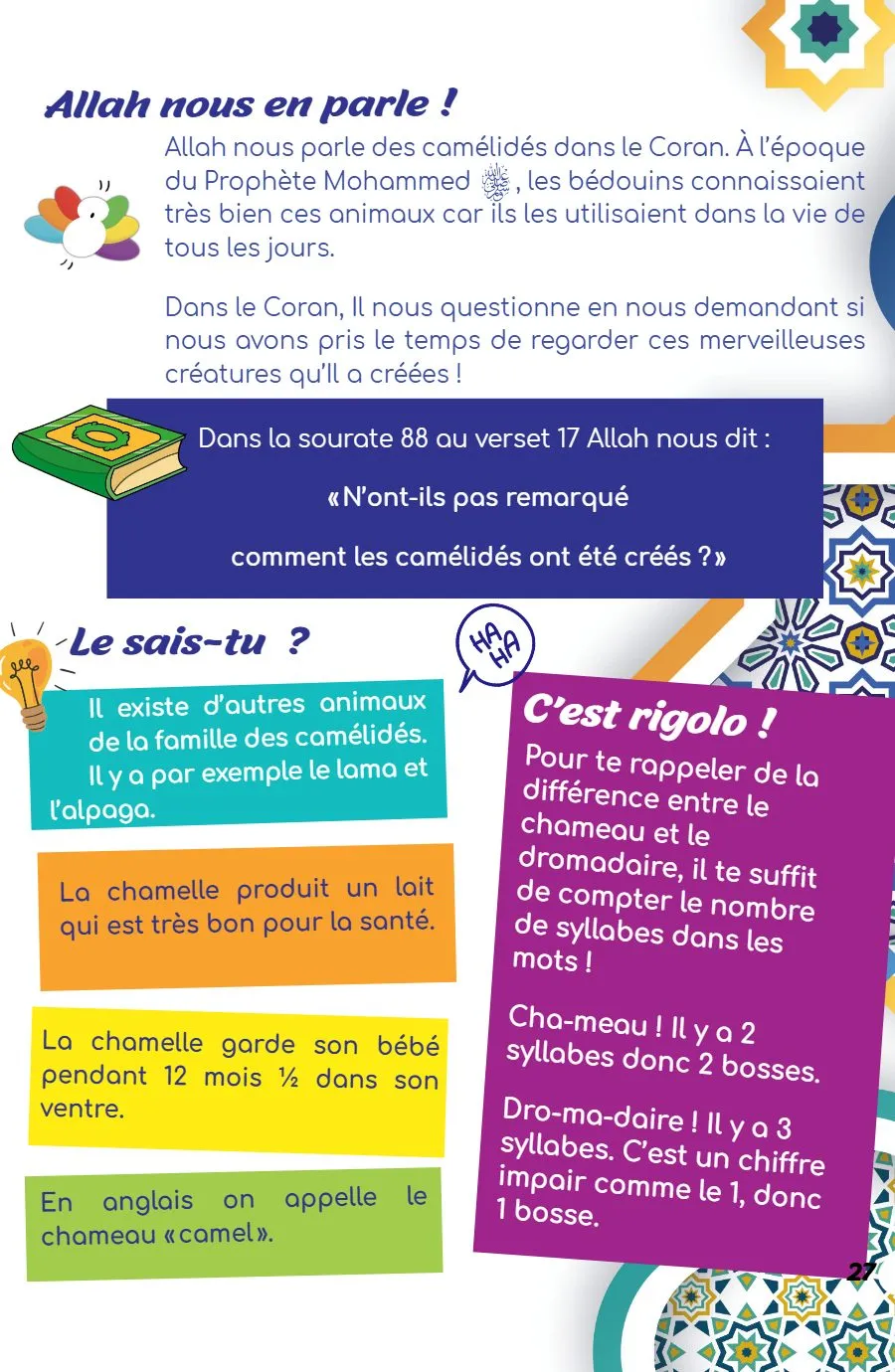 Page 27 du magazine, Oum Mooztiq t'explique : les camélidés, Magazine Mooztiq n°3