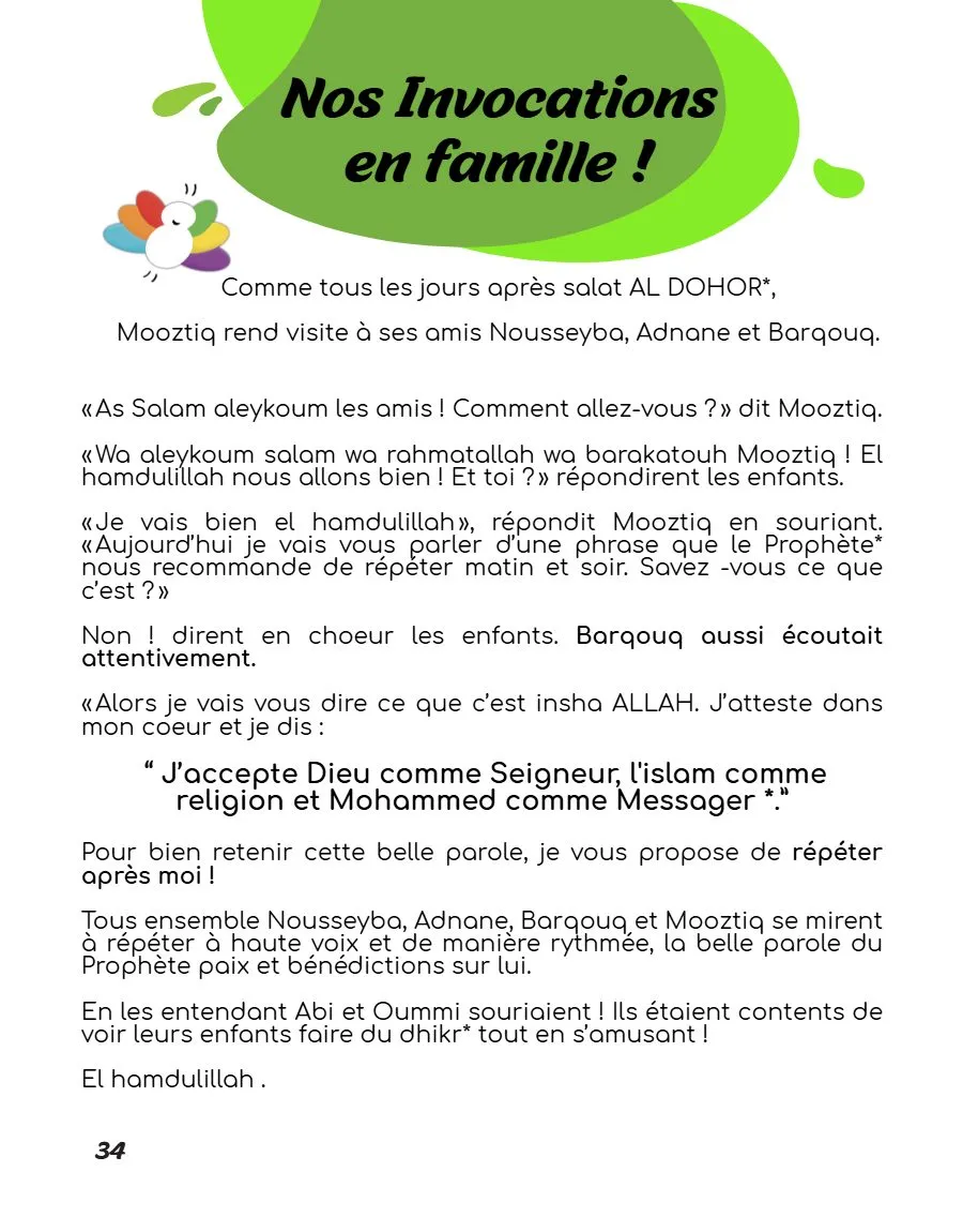 Page 34 du magazine, Nos invocations en famille, Magazine Mooztiq n°1