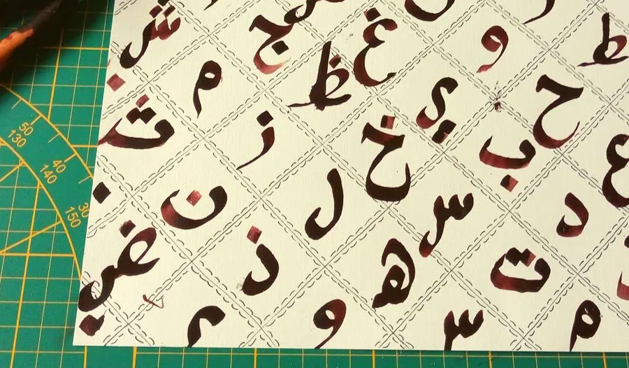 Une feuille de losanges remplis de lettres arabes de toutes les couleurs