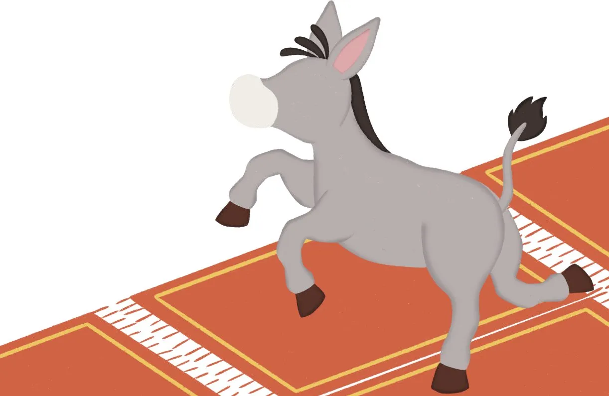 Un âne court sur les tapis de prière
