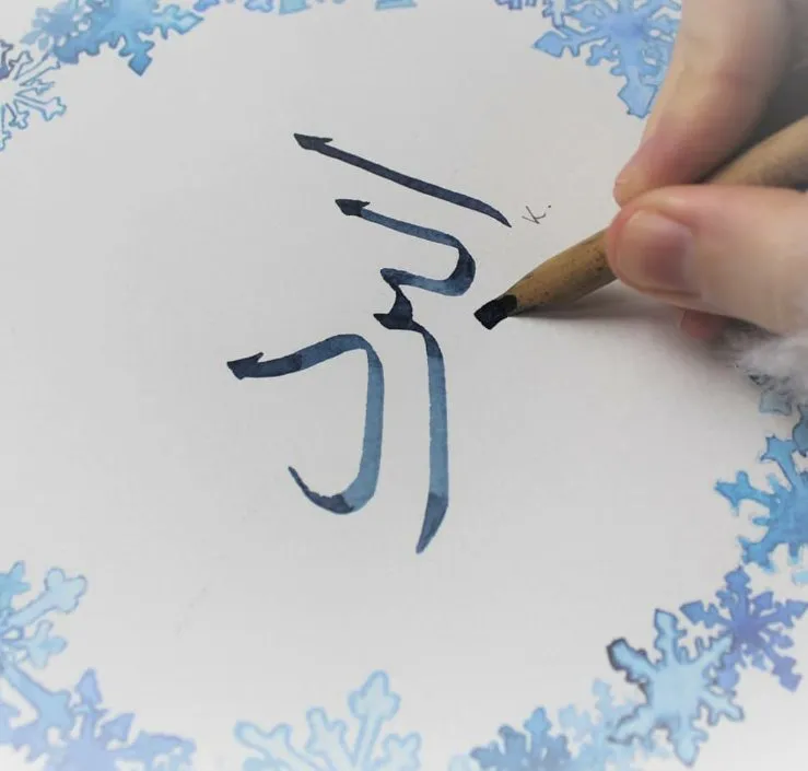 Une main trace des lettres arabes au calame