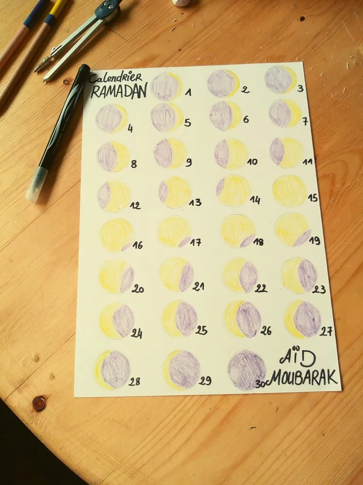 Un calendrier de 30 cercles avec les phases de la lune