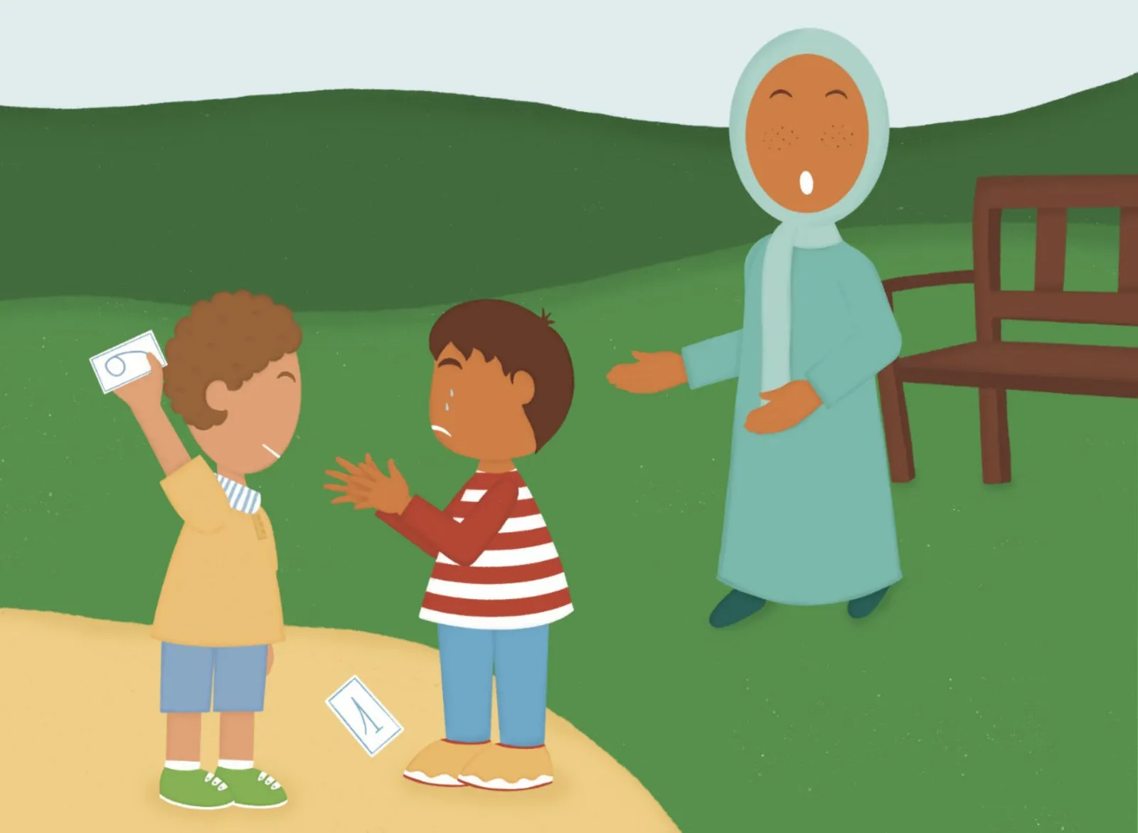 Une femme discute avec deux enfants au parc