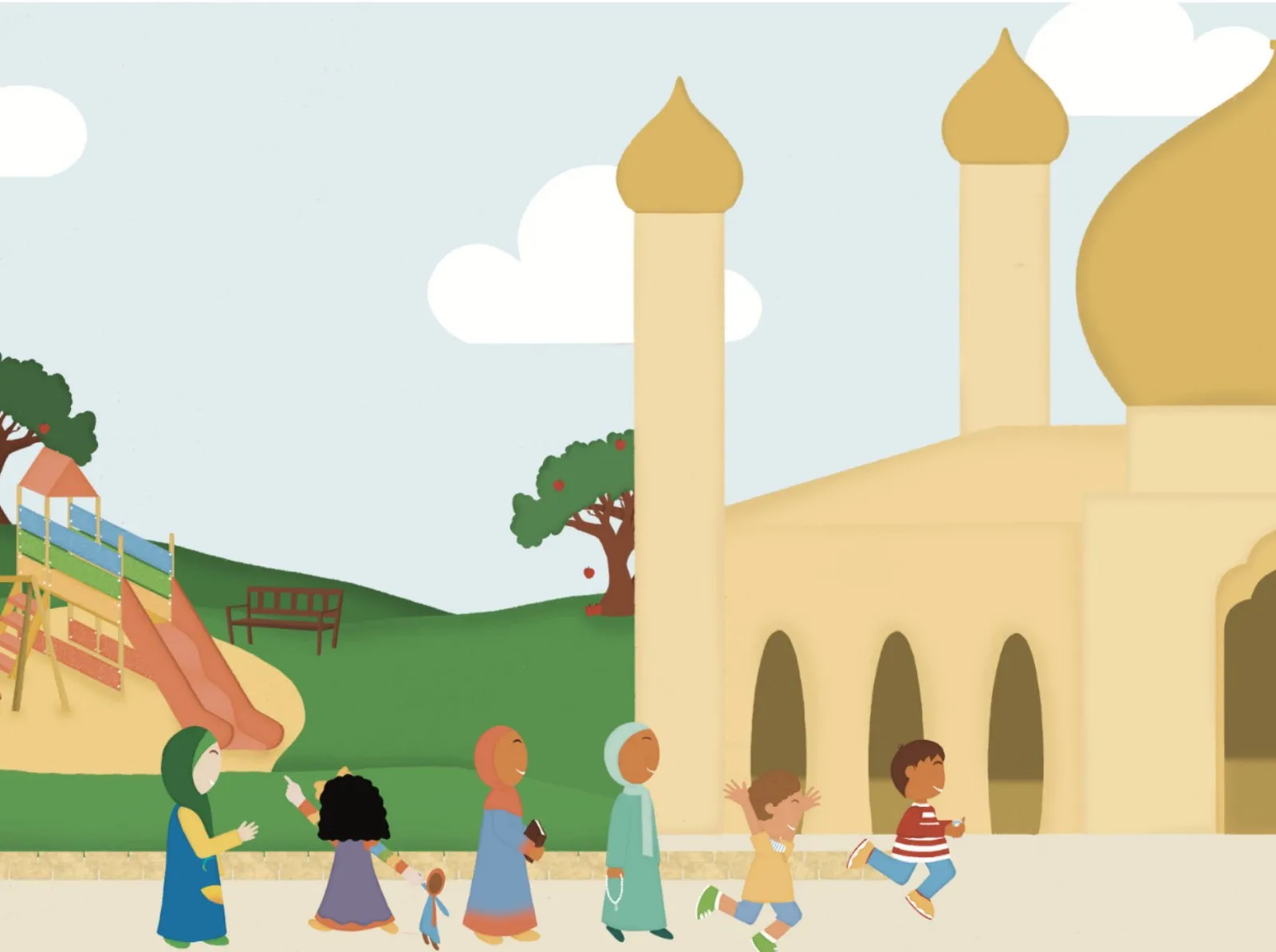 Des enfants et des adultes marchent vers la mosquée