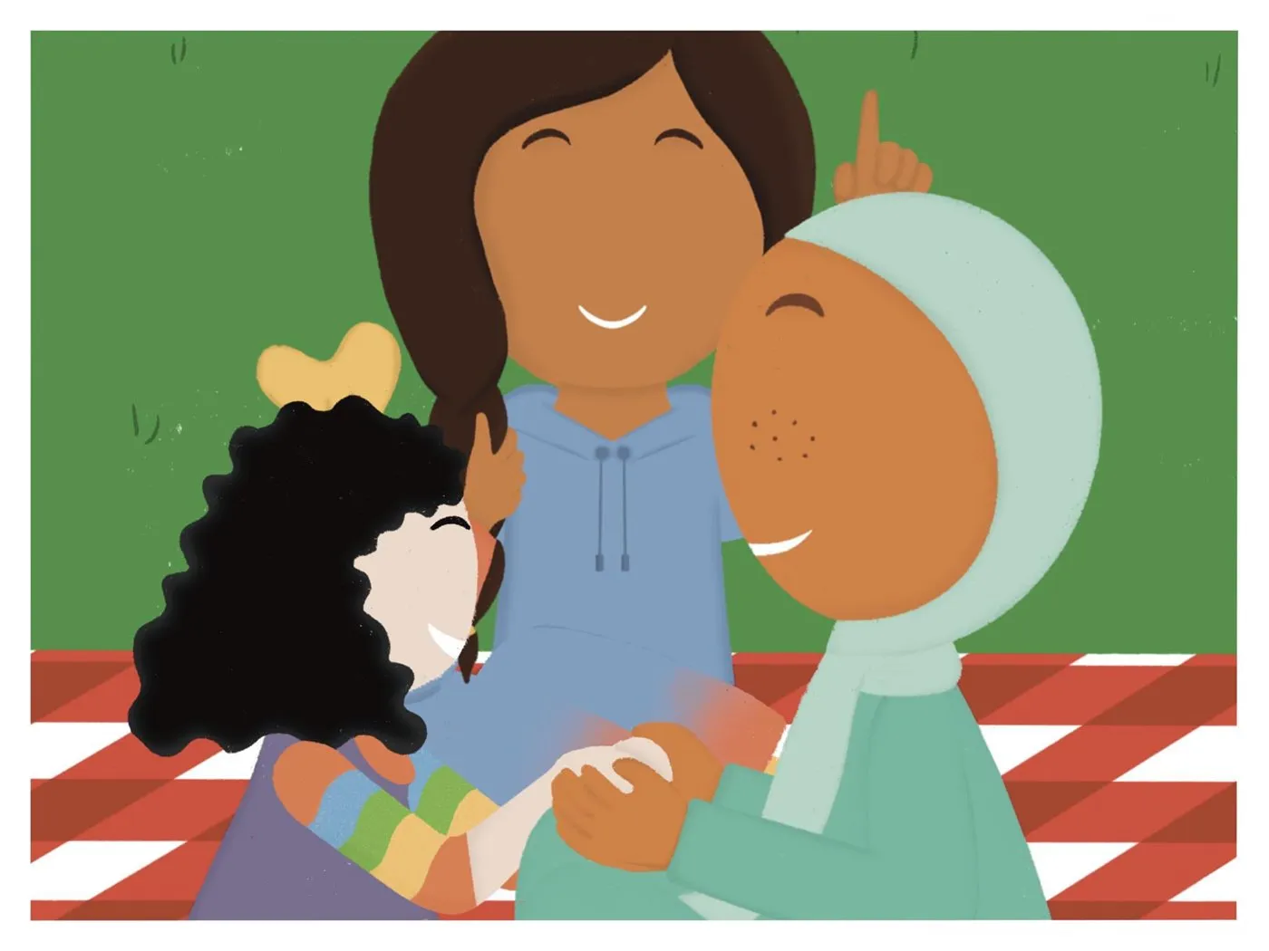 Oummi et Tata Marion serrent Nousseyba dans leurs bras