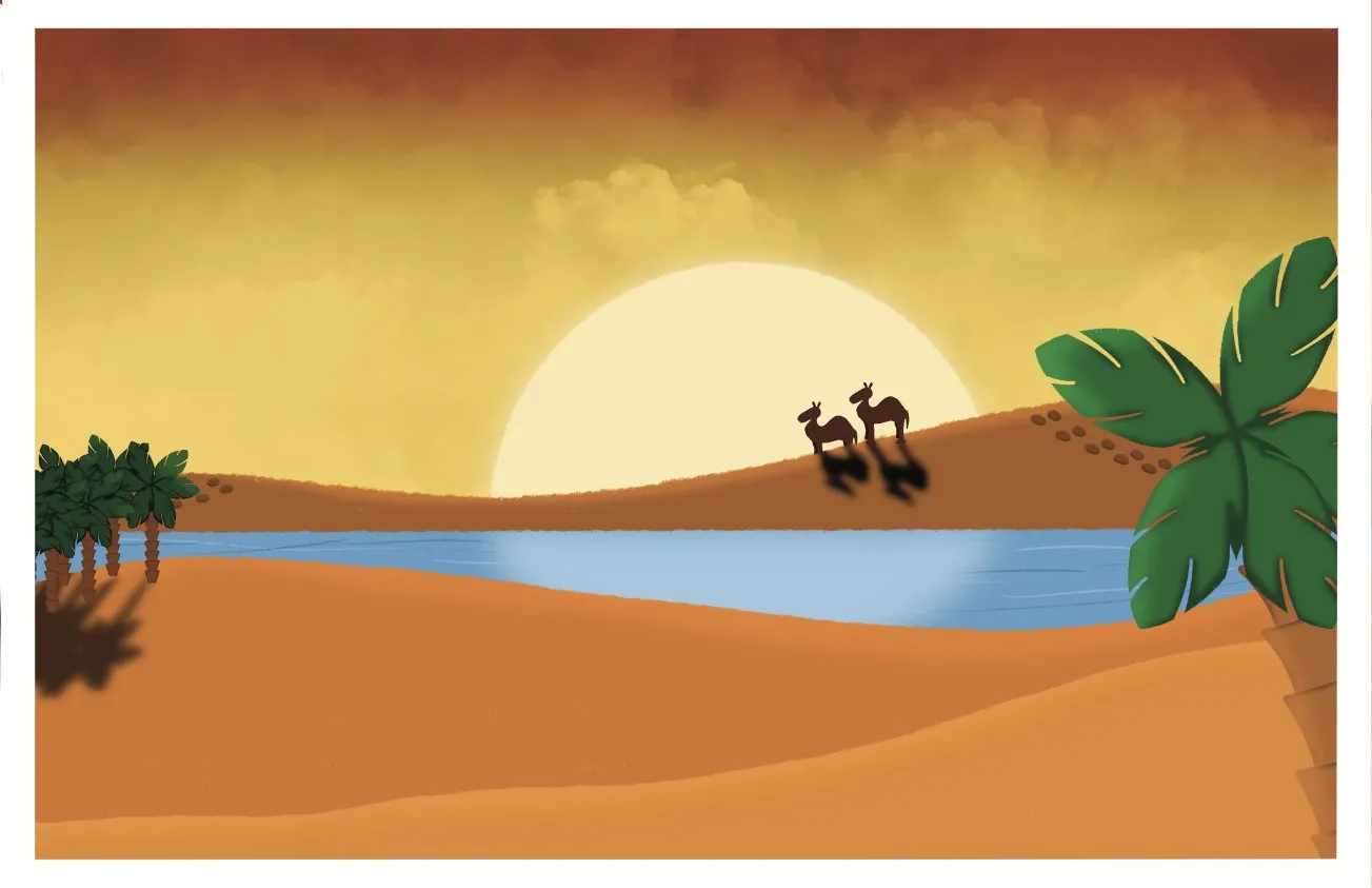 Le soleil se couche sur le désert, Mooztiq vole au-dessus de l'eau