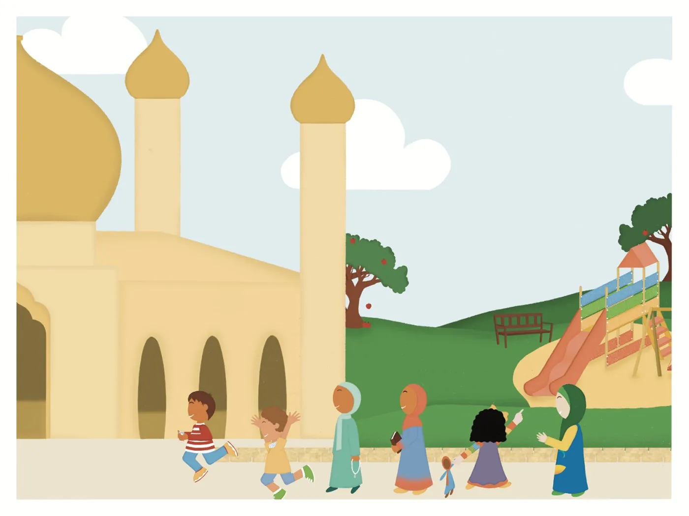 Oummi, Nousseyba, Adnane et Mooztiq arrivent à la mosquée