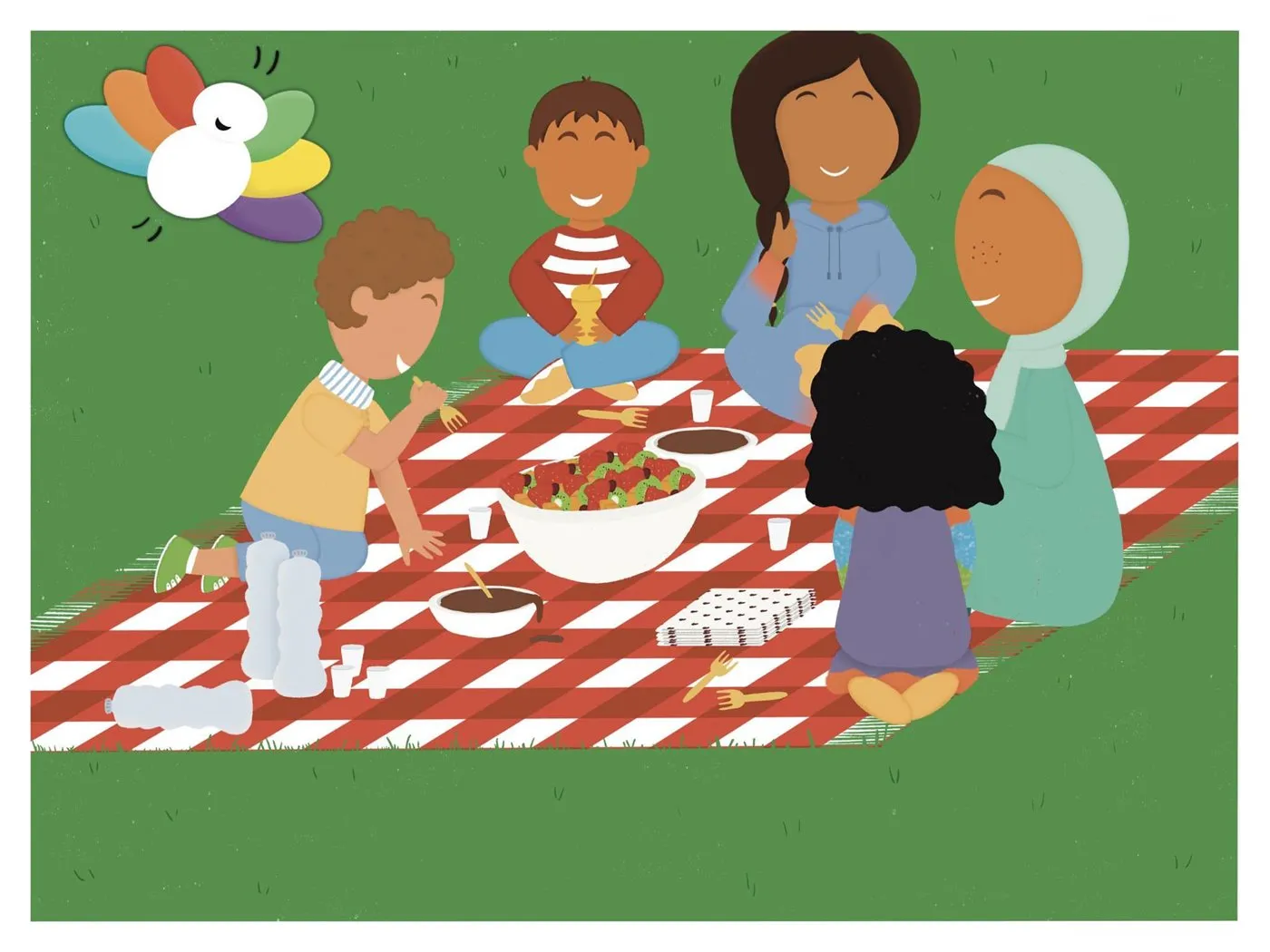 Le goûter dans le parc : Mooztiq, Oummi, Tata Marion, Nousseyba, Adnane et Taym autour de la nappe