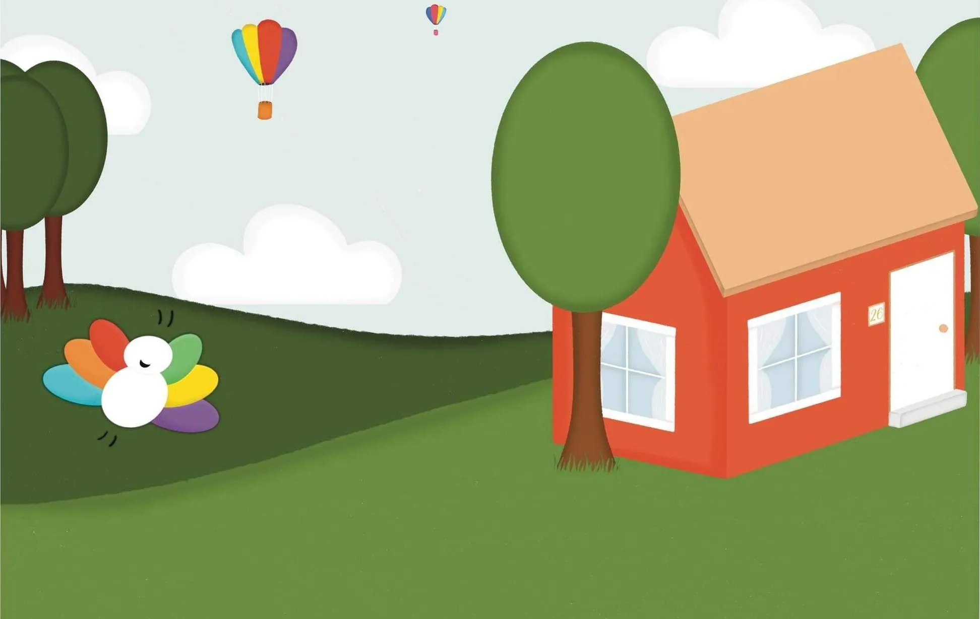 L'univers Mooztiq : prairies, maison, montgolfières et la mascotte