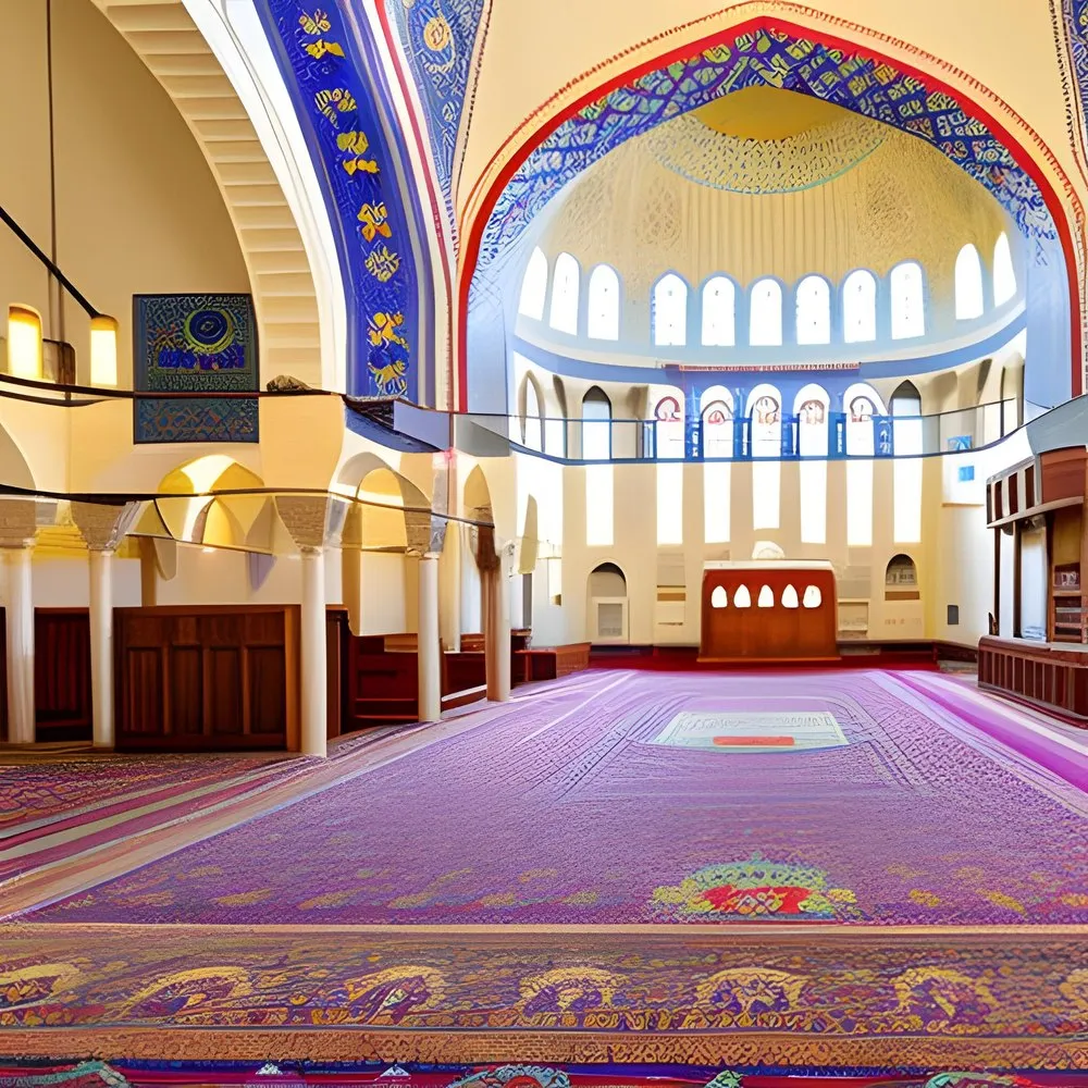 L'intérieur d'une grande mosquée, avec ses tapis et sa coupole décorée ; une dame accueille les visiteurs