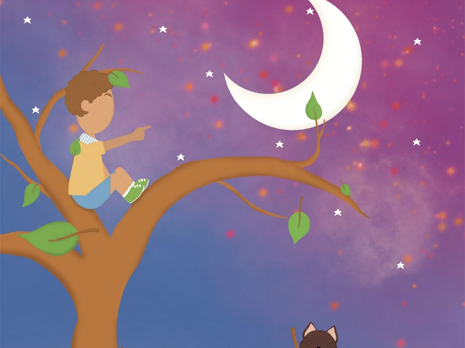 Un enfant assis dans un arbre montre le croissant de lune dans le ciel étoilé
