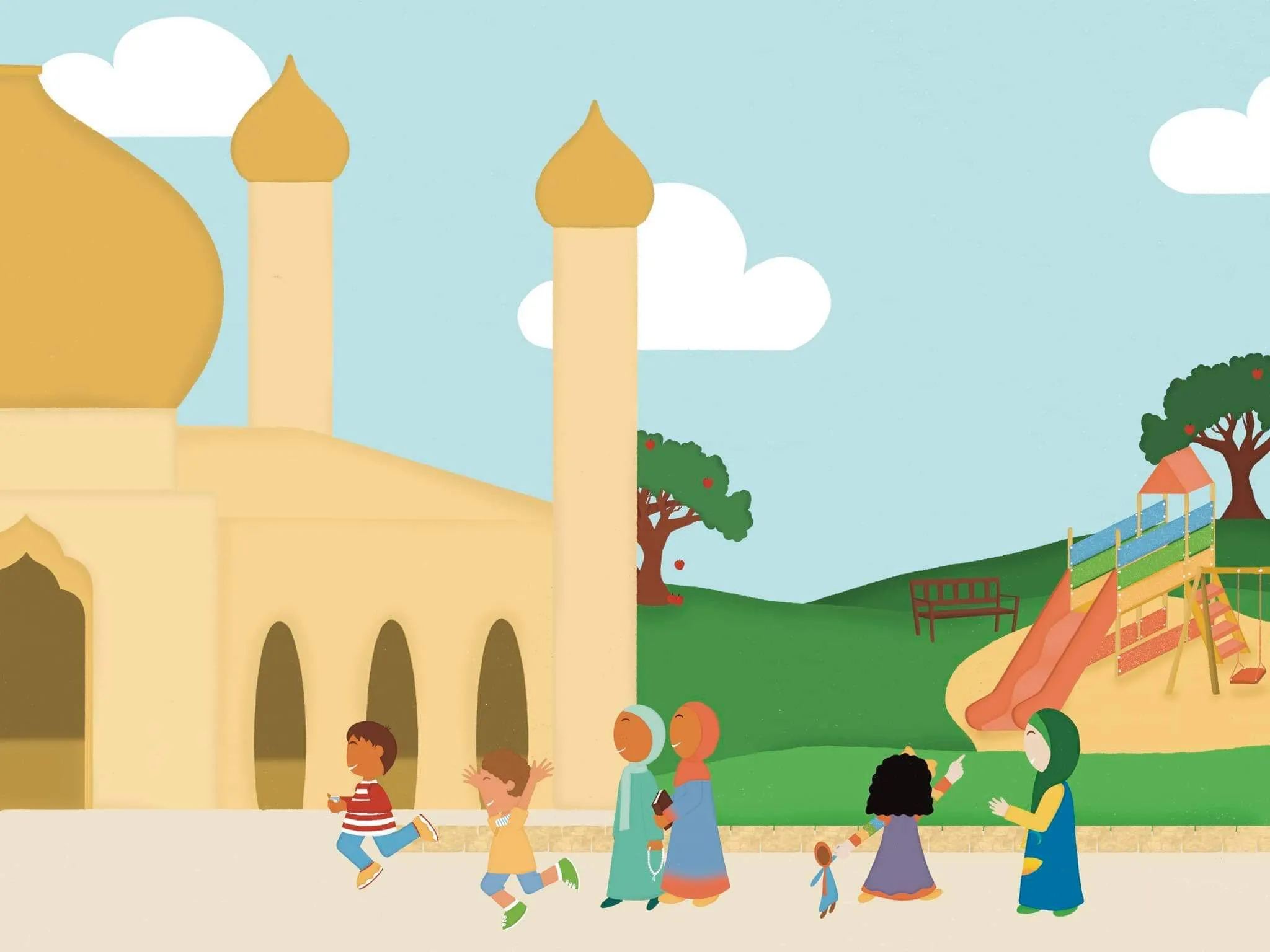 Des enfants joyeux devant la mosquée et l'aire de jeux, dans l'univers Mooztiq